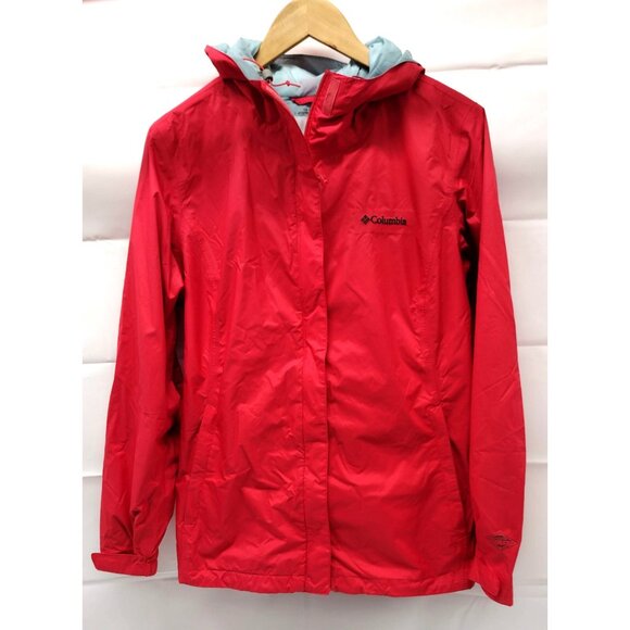 Columbia Womens Rain Jacket Large Omni Tech Nylon Full Zip Hooded Waterproof Red - Picture 1 of 10
